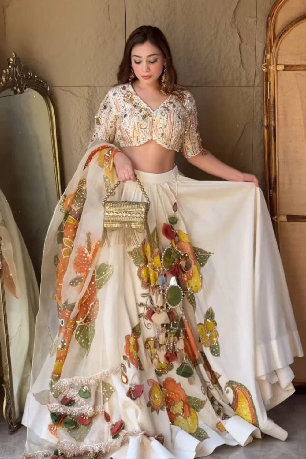 Shehnaaz Ivory Kora Organza Cutdana Embellishment & Embroidered Lehenga Set