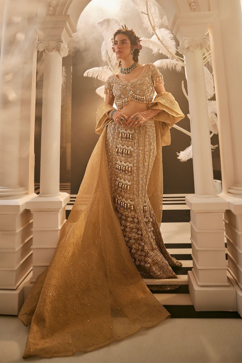 Hera Golden Embellished Tissue Mermaid Cut Lehenga and Blouse with Cape