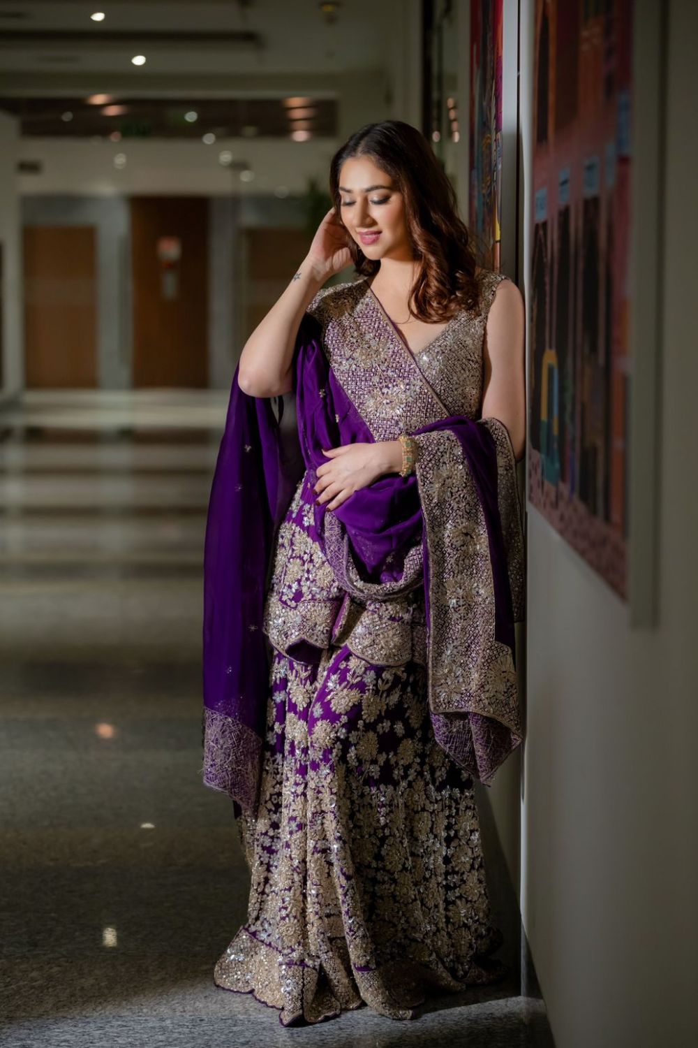 Disha Parmar in Rooh Purple Organza Lining Shantoon Embroidery Gul Peplum Kurti With Sharara