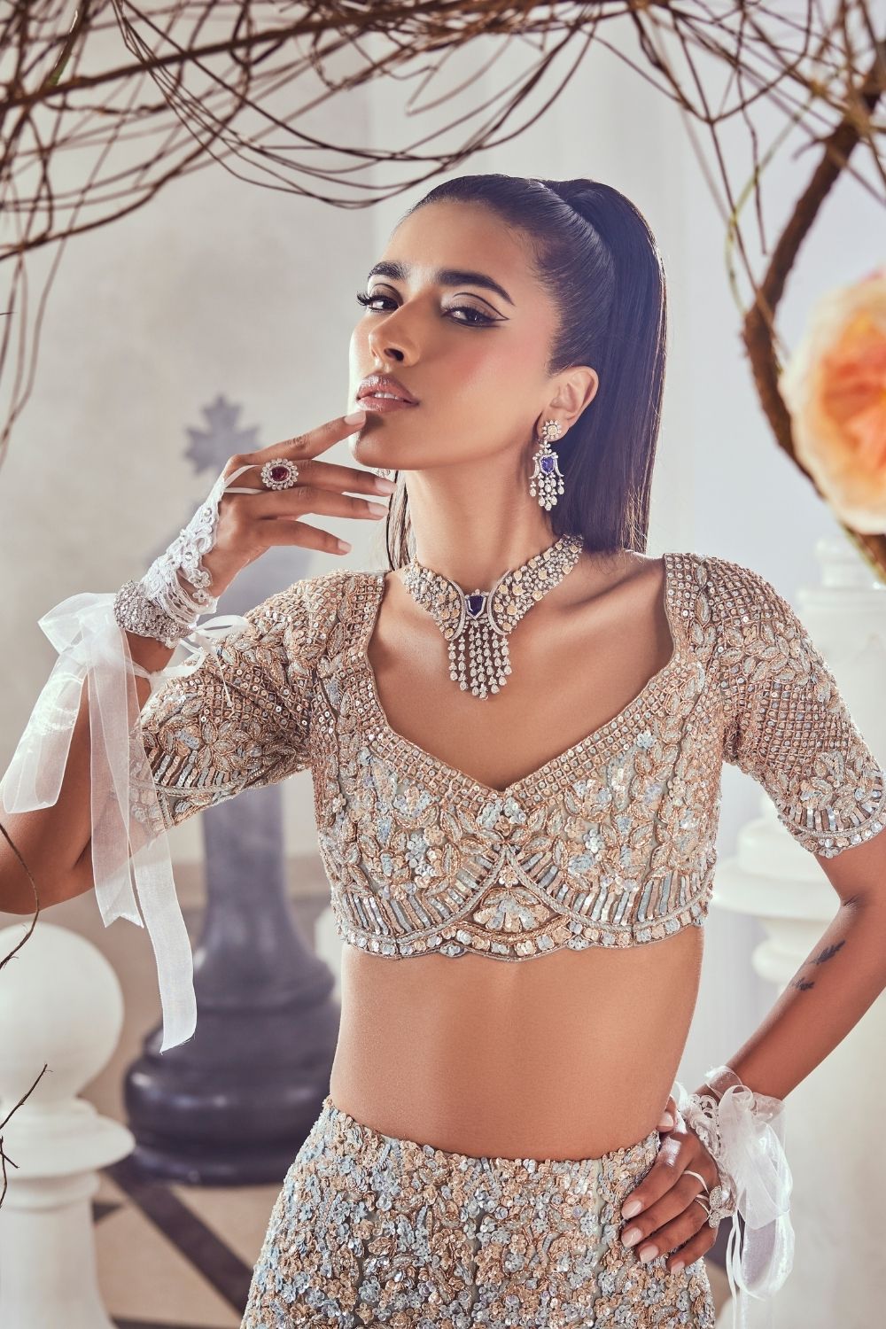 Eleonora Dull Blue Heavily Embellished Net Fish-cut Bridal Lehenga Set with Sweetheart Neckline