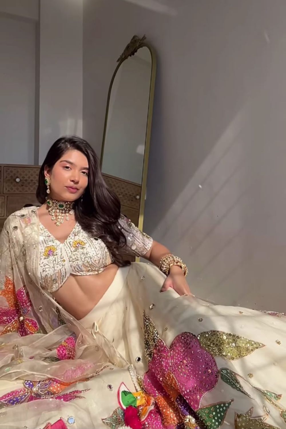 Harshita Roopchandani in Maya Ivory Kora Organza Hand Paint Floral V-Neck Lehenga Set