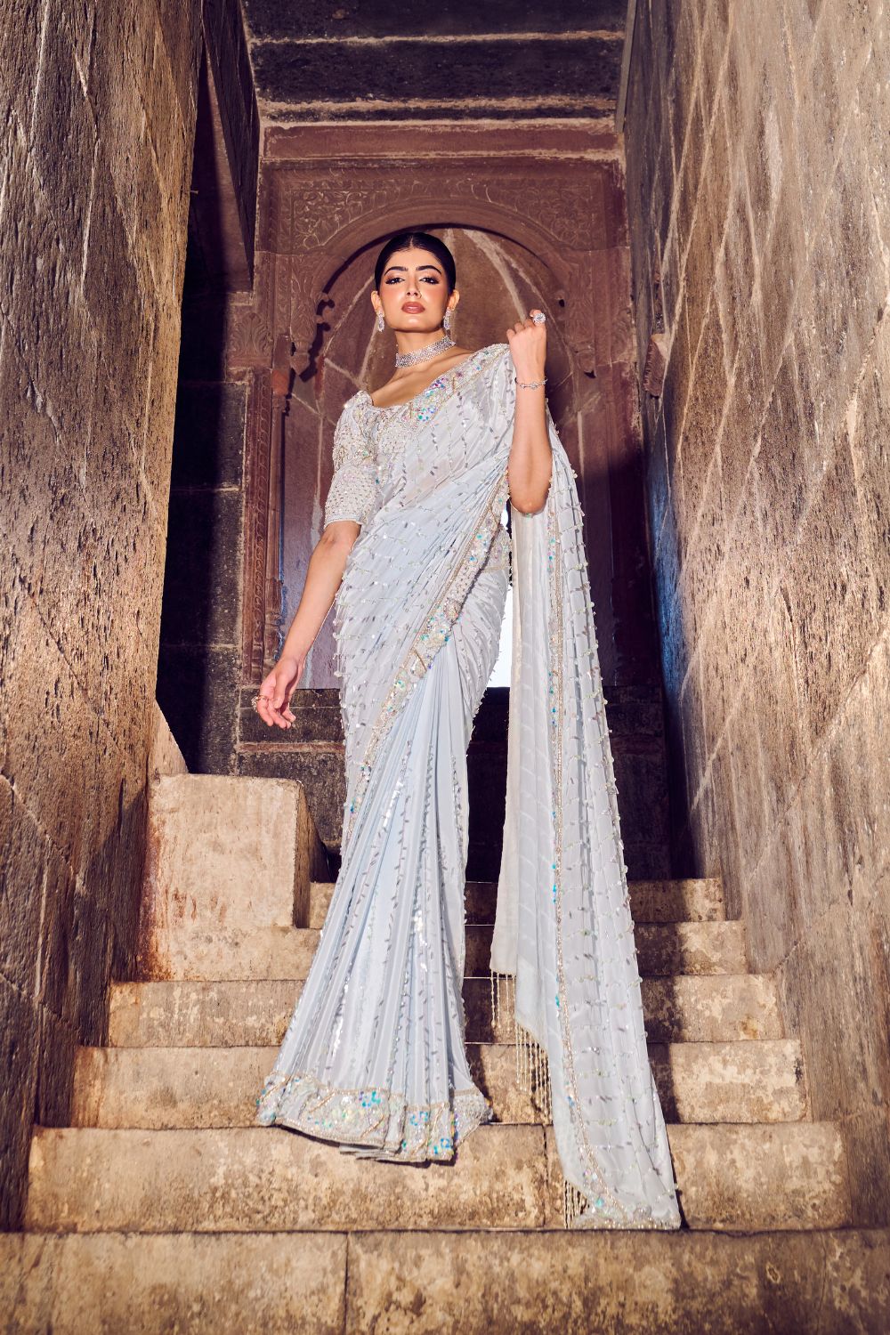 Elysia Powder Blue Embellished Crepe Saree with Blouse