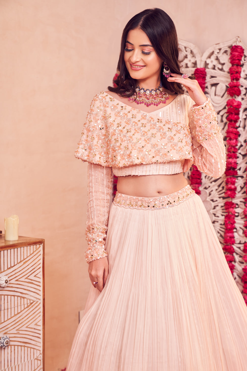 Peach Temptation Lehenga Organza Full Sleeves Embellished Lehenga with Blouse