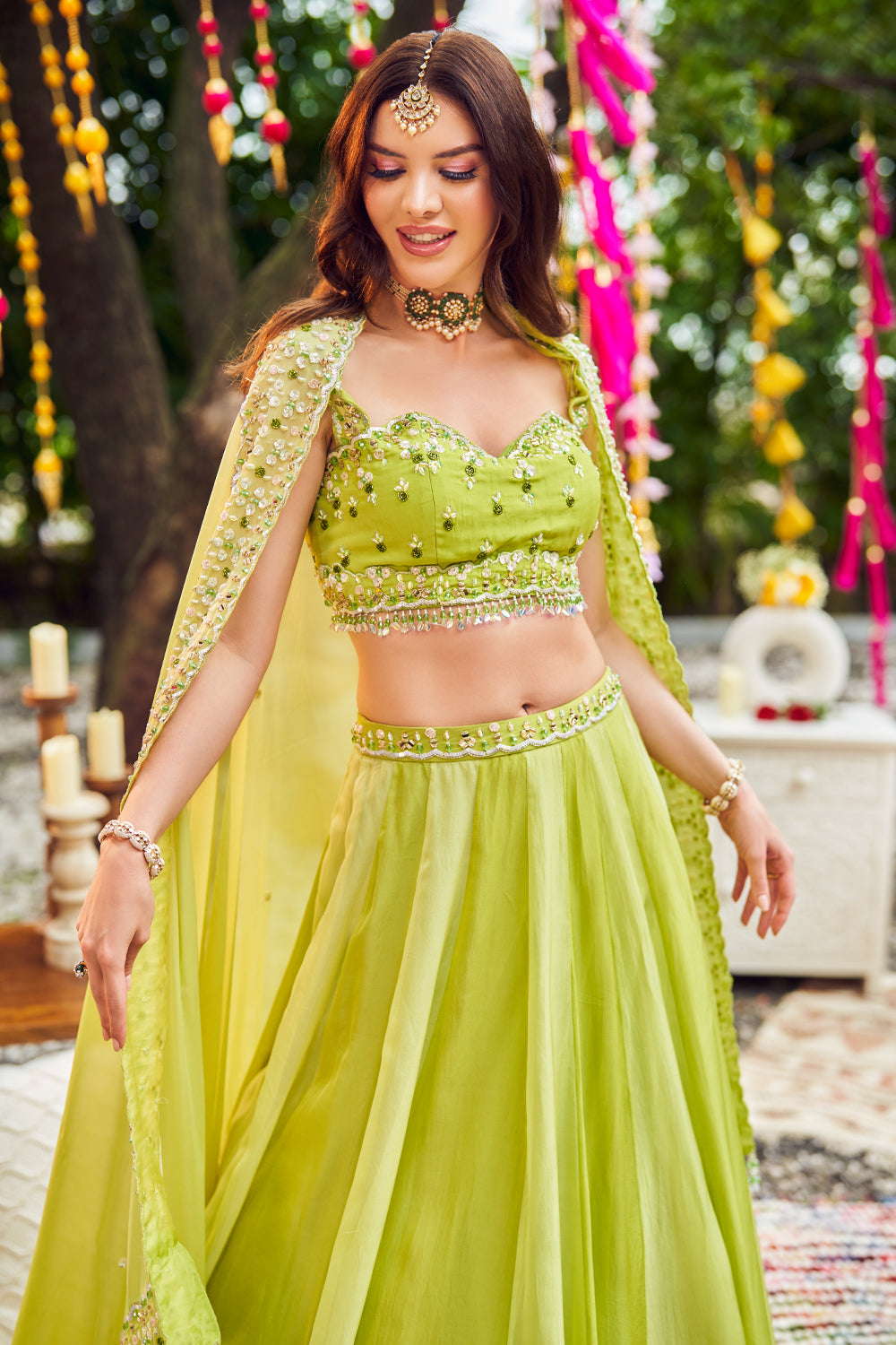 Jade Splendor Green Viscose Organza Embroidery Crystals Sweetheart Lehenga Set