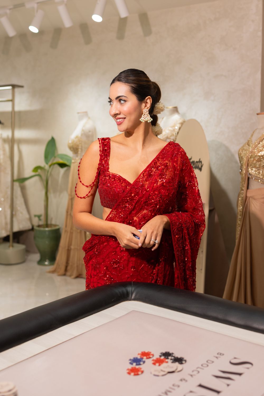 Niki Mehra in Red Sequin Saree