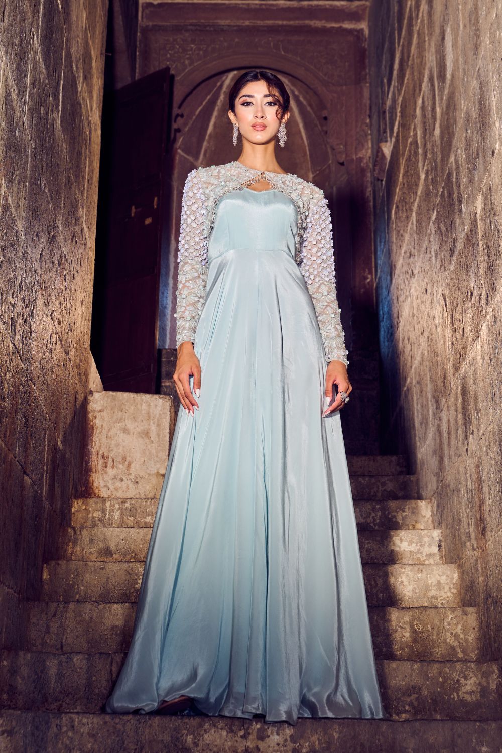 Swanlight Powder Blue Embellished Crepe Gown