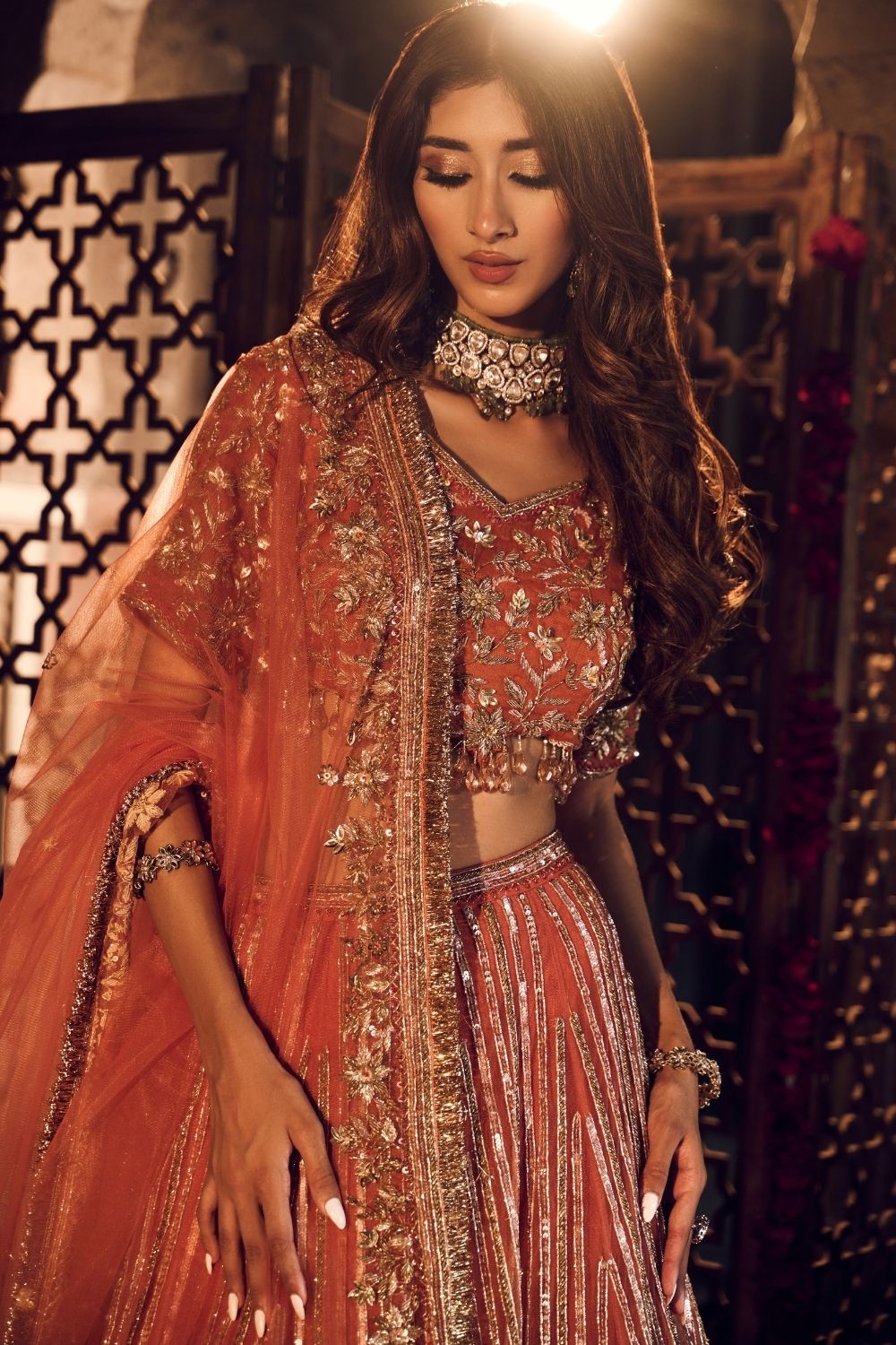 Zeenat Rust Kora Organza Lining Shantoon Bridal Lehenga Set