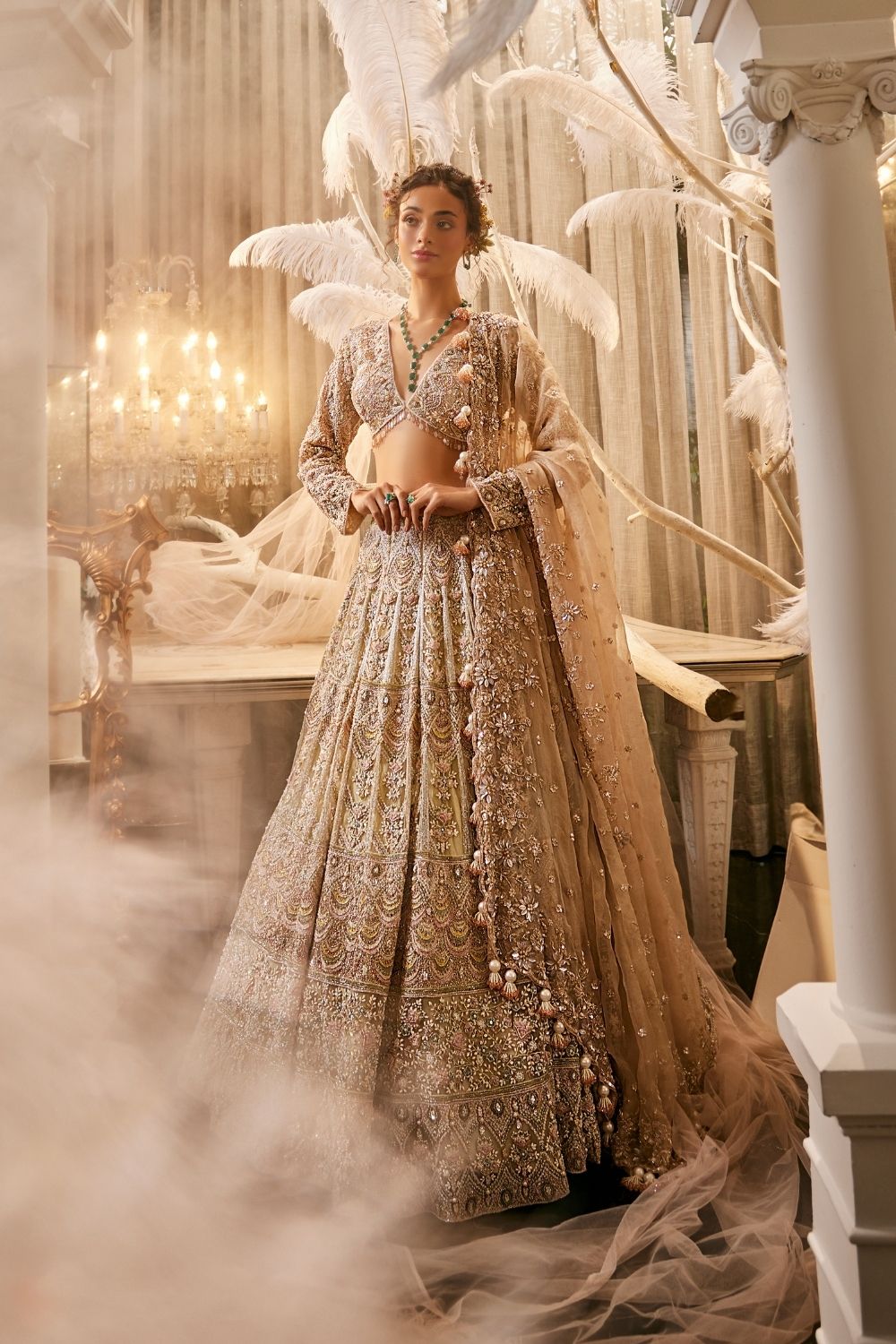 Eos Mint Embellished Net Lehenga and Blouse with Dupatta