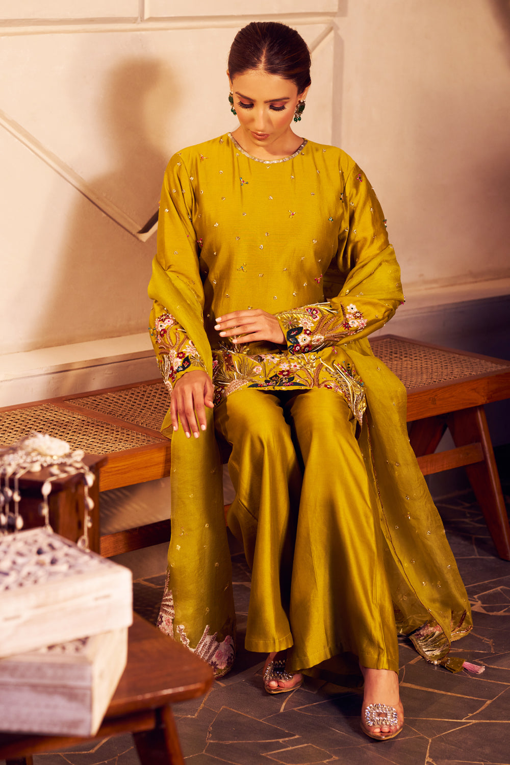 Priya Green Chanderi Embroidered Thread Round Nature Kurta Flared Pant Set