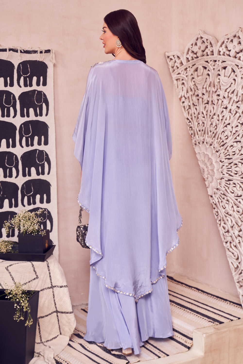 Lilac Love Affair Crepe Embellished Bootis V-Neck Kaftan With Flared Pant