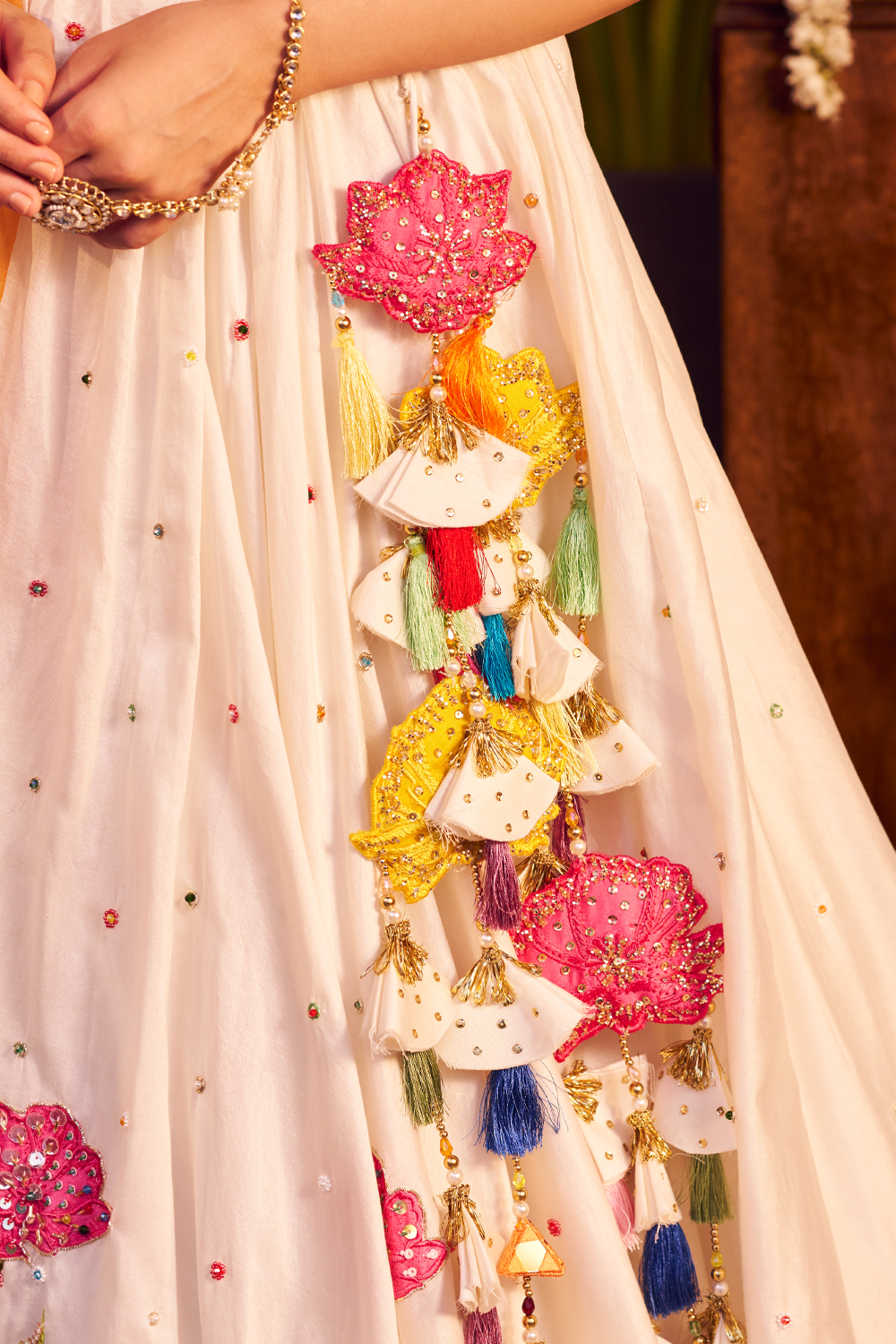 Tamannah Ivory Chanderi Embroidered Thread Square Floral Patchwork Lehenga Set