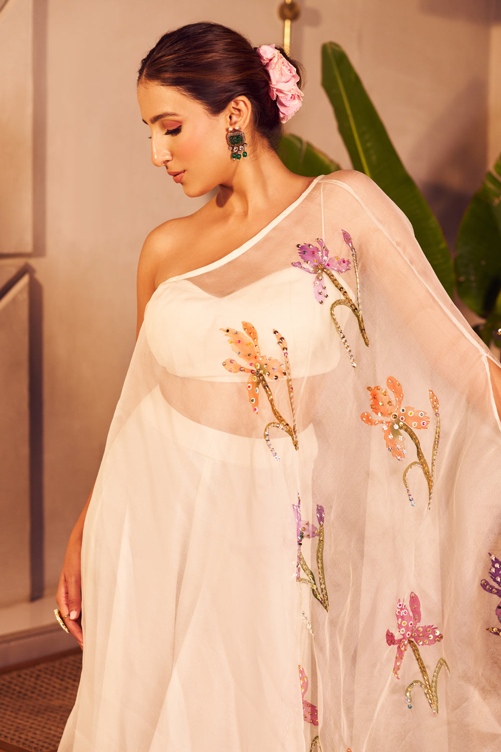 Dhara Ivory Crepe Embellished Sequin Kaftan One Handpainted Flared Pant Set