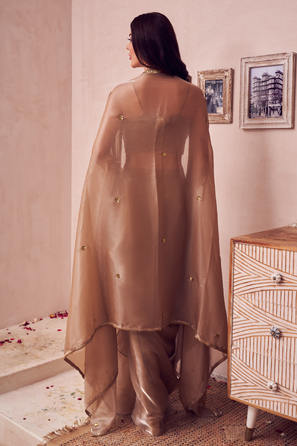 Allure Gold Glass Organza Lining Shantoon Bloom Cape Draped Skirt Set