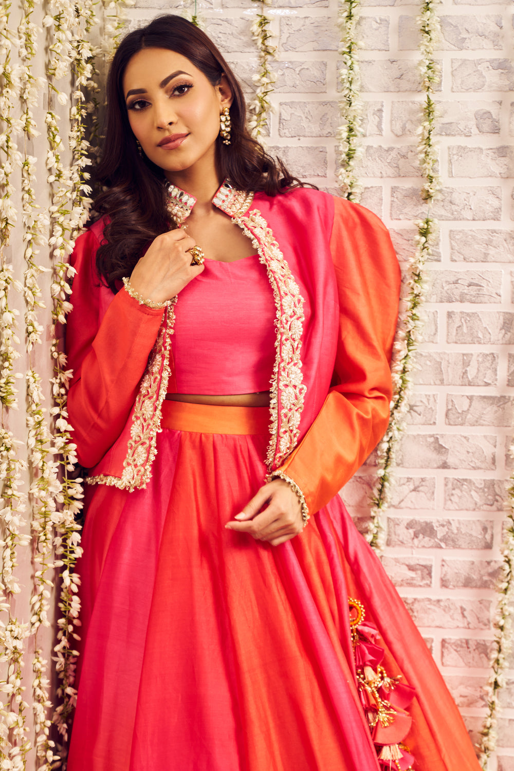 Shagna Riwayaat Orange Pink Chanderi Skirt and Bustier with Jacket