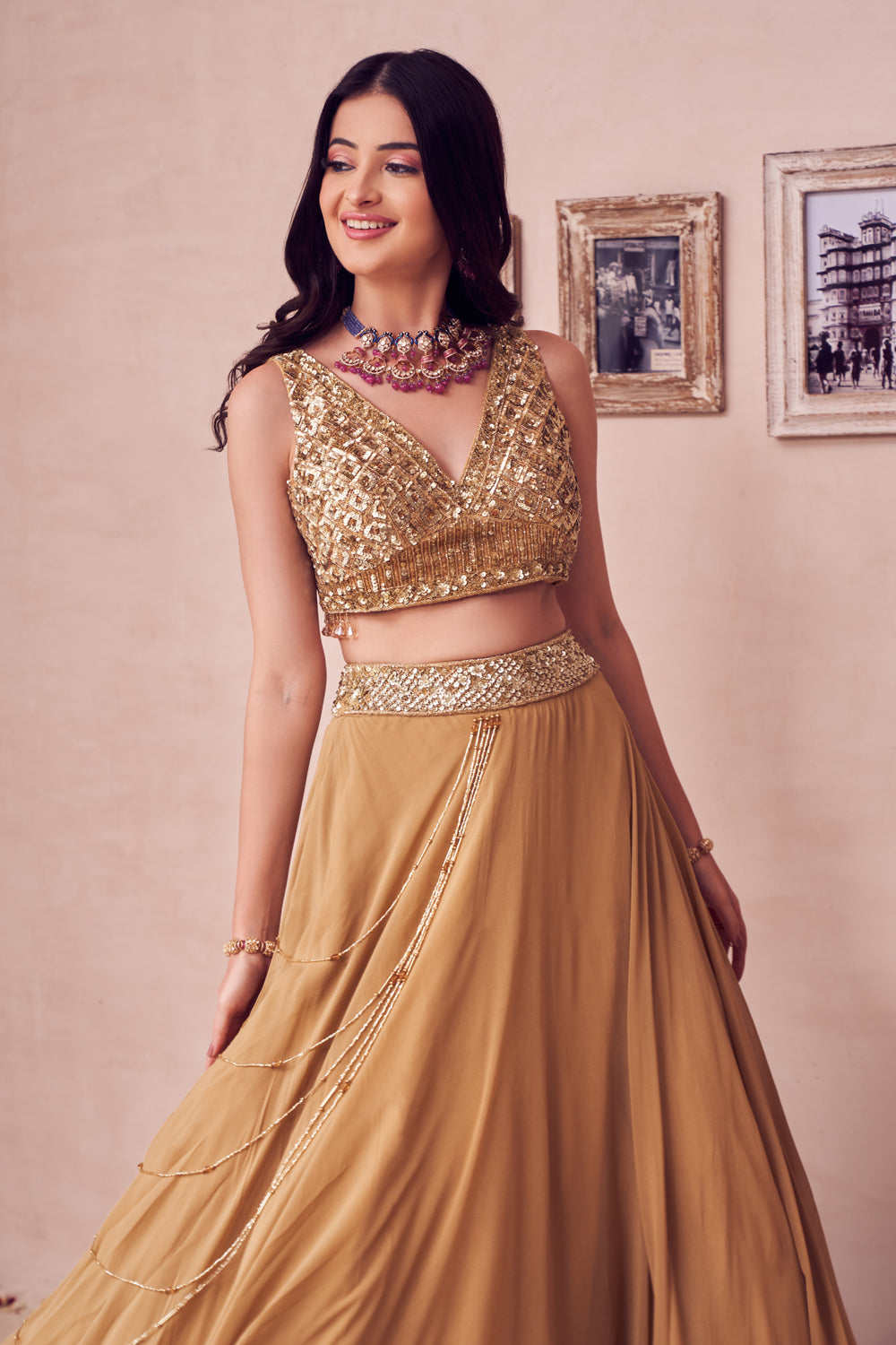 Majestic Marigold Gold Georgette Lining Marigold Layered Tassel Embellished Lehenga With Blouse
