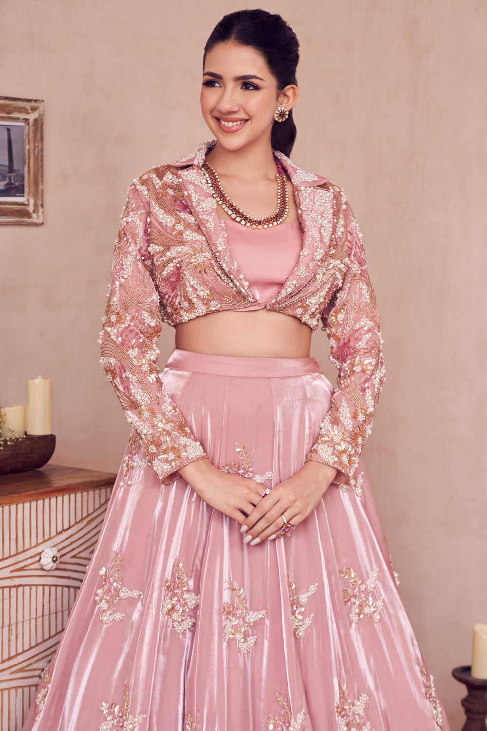 Cherry Blossom Pink Glass Organza Lining Shantoon Embroidery Blossom Era Jacket Lehenga Set