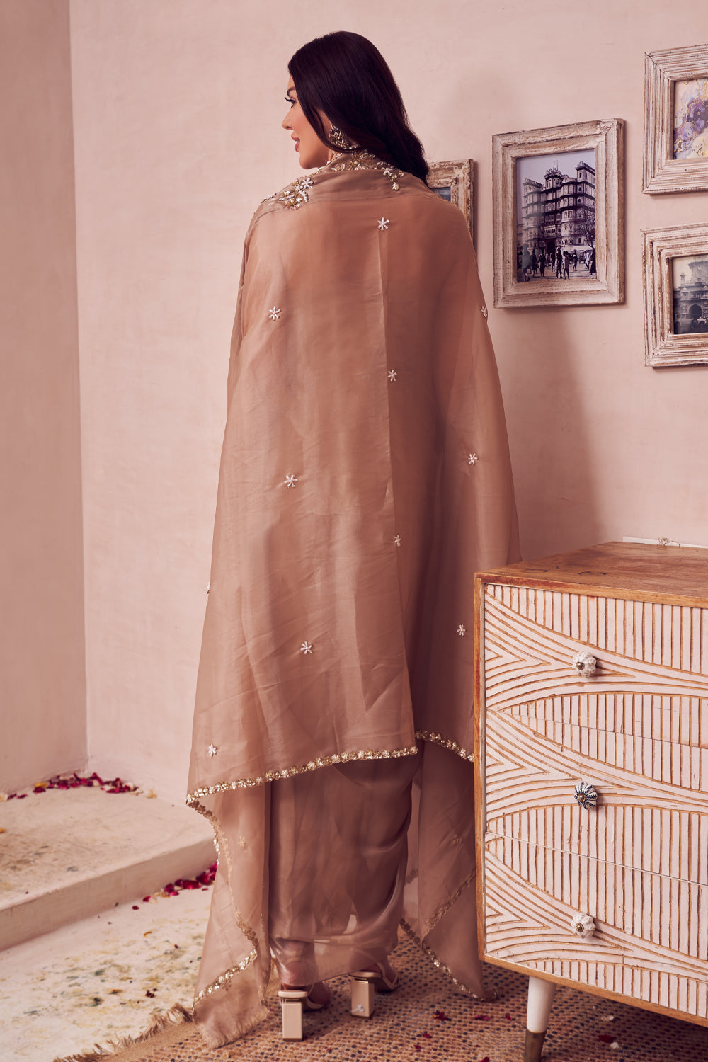 Old Gold Glass Organza Lining Shantoon Bloom Cape With Waterfall Drape Gown