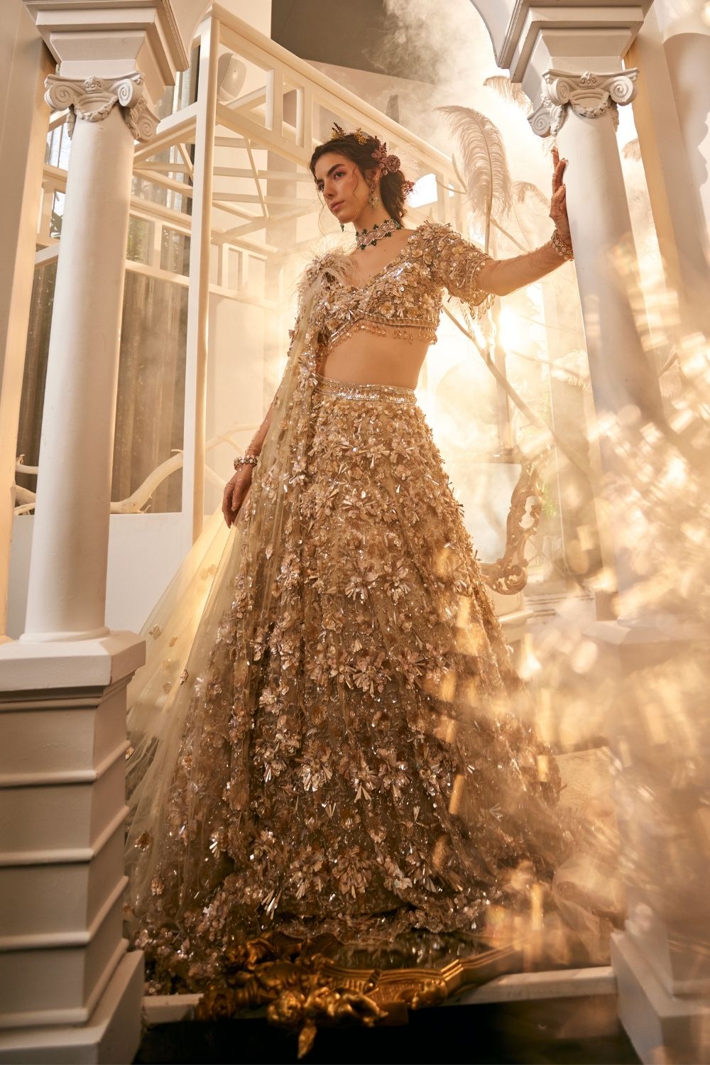 Hestia Gold Embellished Net Lehenga and Blouse with Dupatta