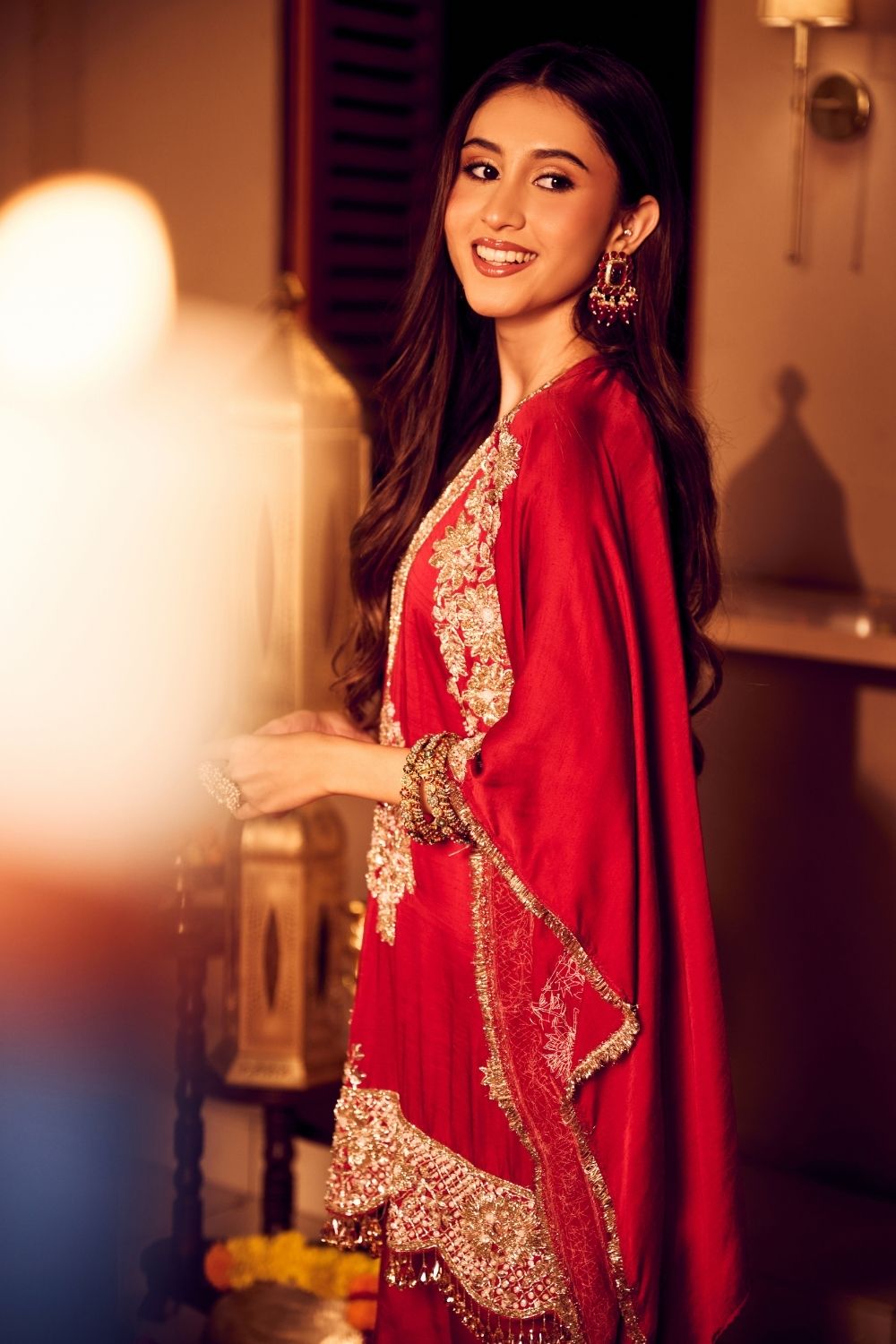 Seher Mahroon Satin Silk Lining Shantoon Gullistta Bloom Kaftan With Pants