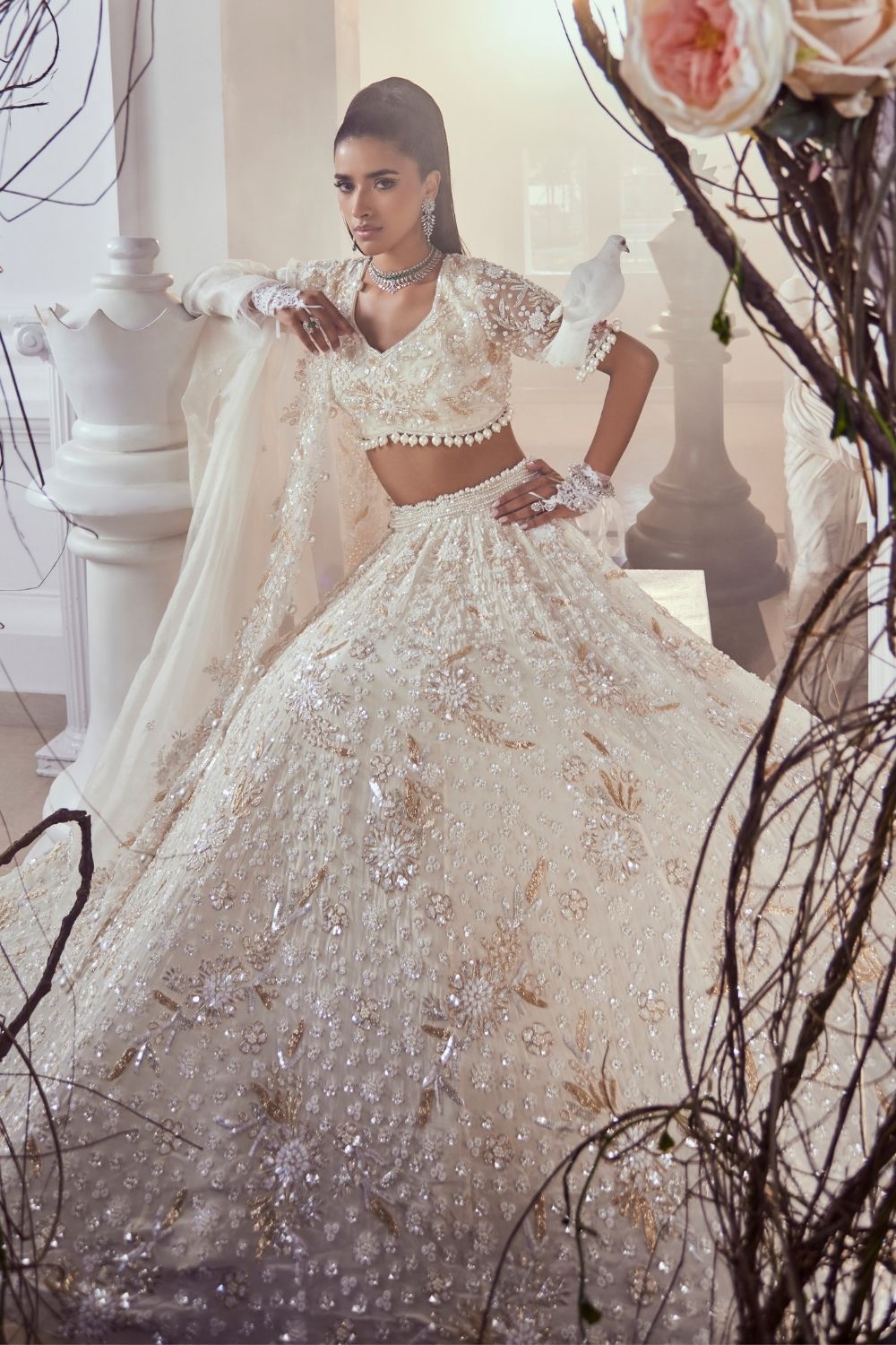 Amalia Ivory Hand Embellished Crepe and Kora Fish-cut Pearl Bridal Lehenga Set with Sweetheart Neckline