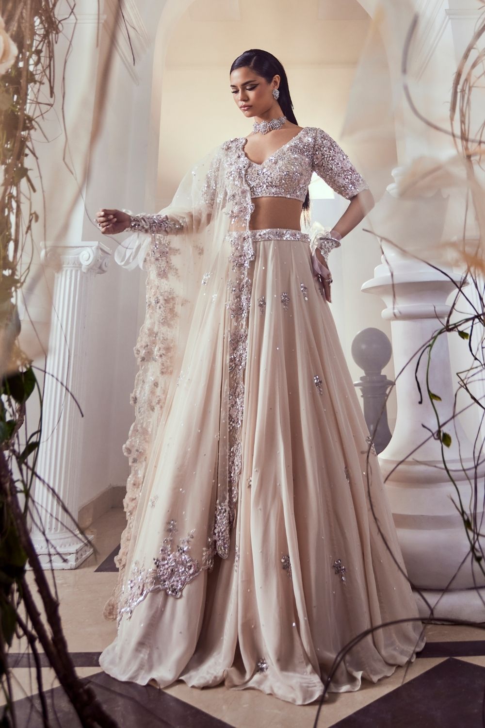 Helen Light Peach 3D Stone Embellished Crepe and Net Lehenga Set with Sweetheart Neckline