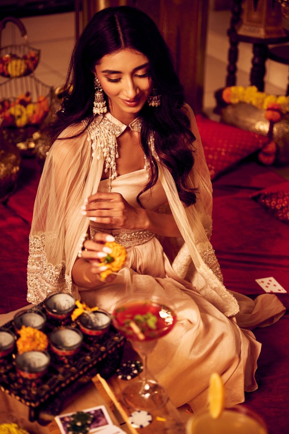 Swan Song Ivory Crepe Embellished Cutdana Gown with Cape