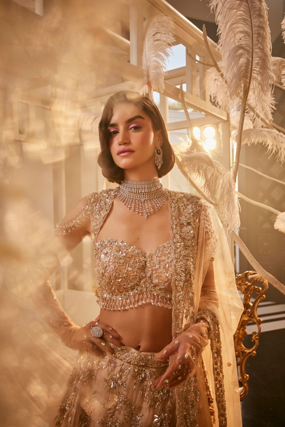 Proserpina Blush Pink Embellished Kora Organza Lehenga and Blouse with Dupatta