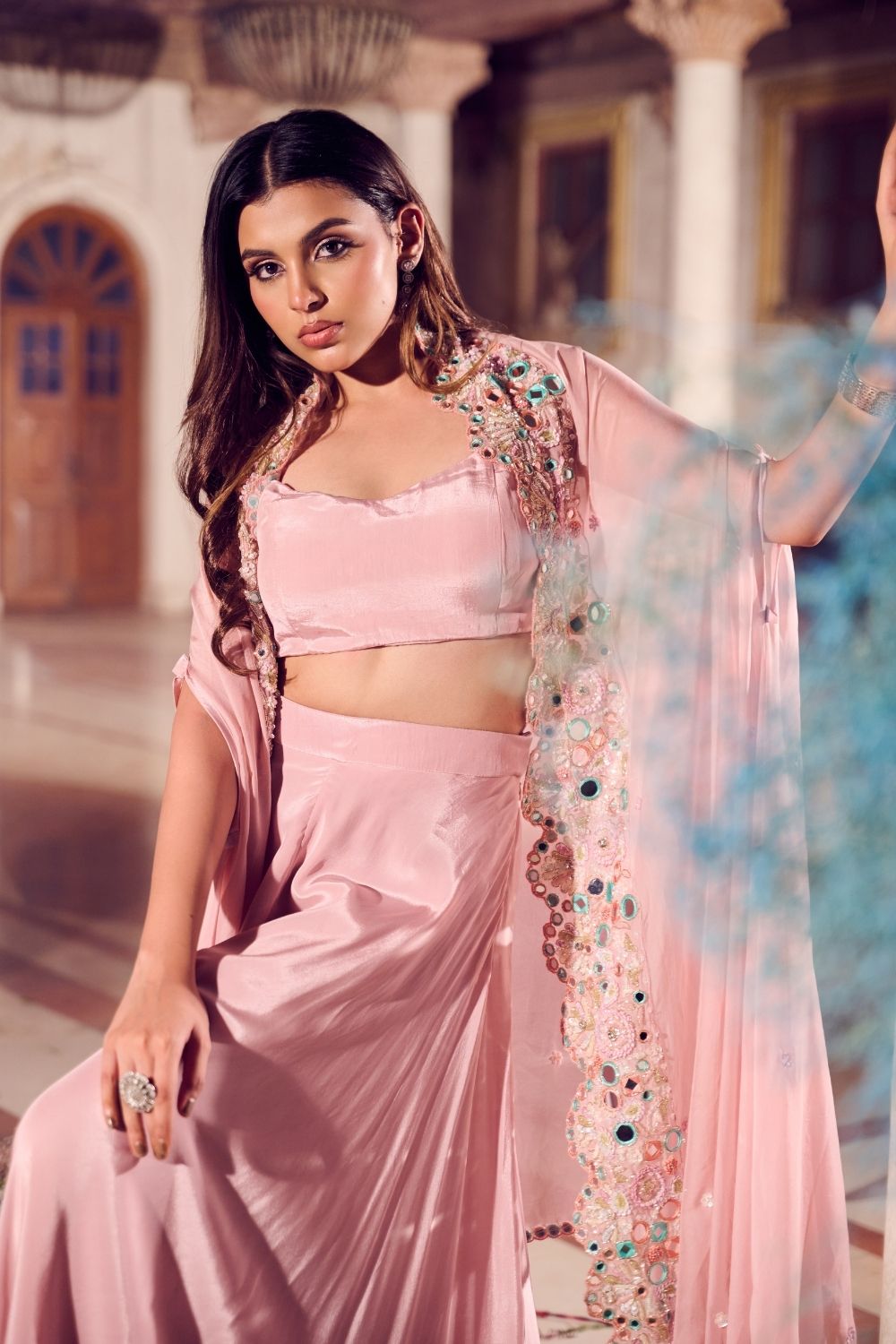 Lavanya Rose Gold Mirrorwork Skirt with Bustier and Cape