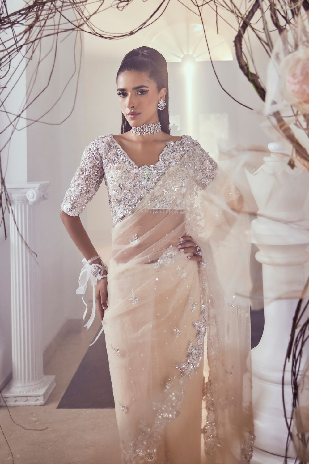 Sylvie Light Peach 3D Stone Embellished Net Saree Set with Sweet-V Neckline