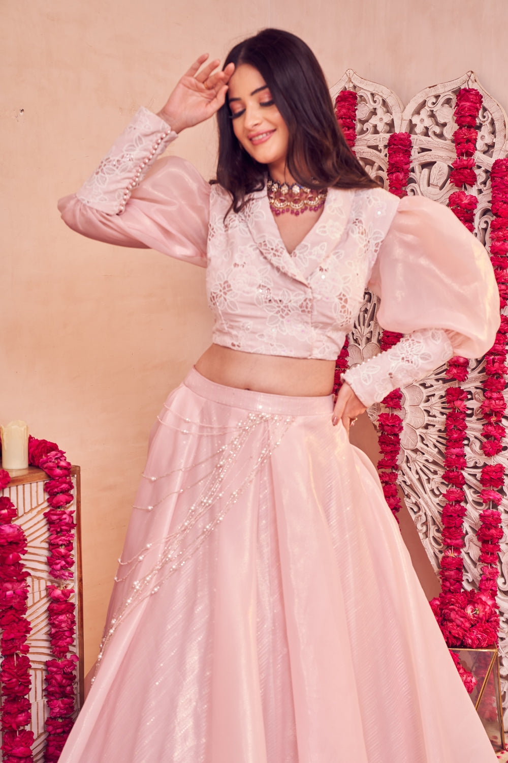Baby Bloom Lehenga Pink Glass Organza Puff Sleeve Blouse with Lehenga