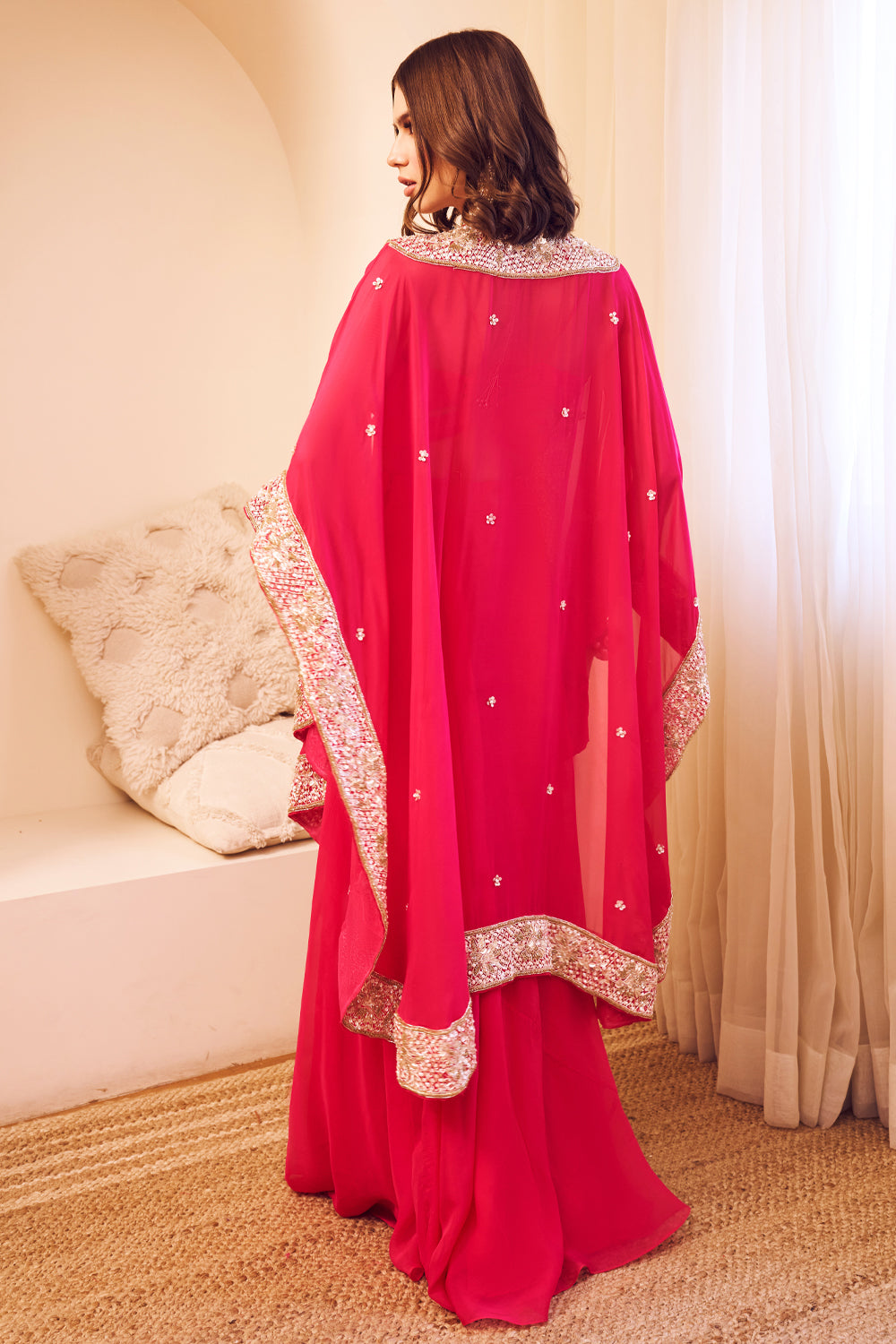 Mast Magan Pink Organza Lining Shantoon Embroidery Jashn Bahar Cape Set