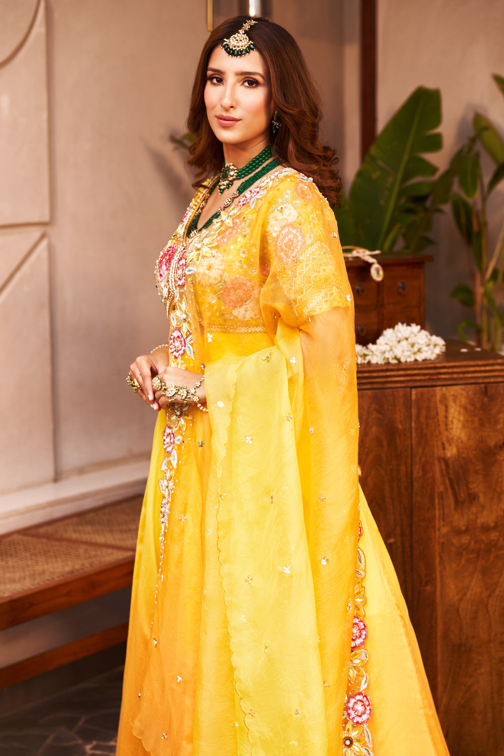 Myra Yellow Kora Organza Embellished & Embroidered Anarkali With Dupatta