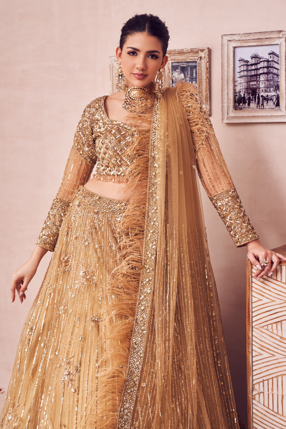 Dripping Gold Net Lining Shantoon Embroidery Sequin Bridal Lehenga Set