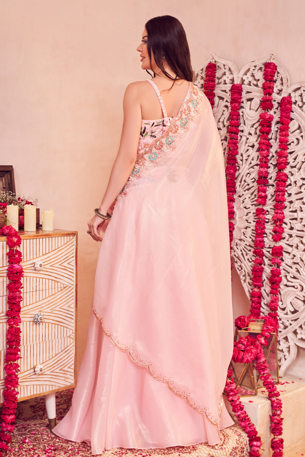 Floral Bubble Set Pink Organza Embroidered and Embellished Lehenga Set with Blouse