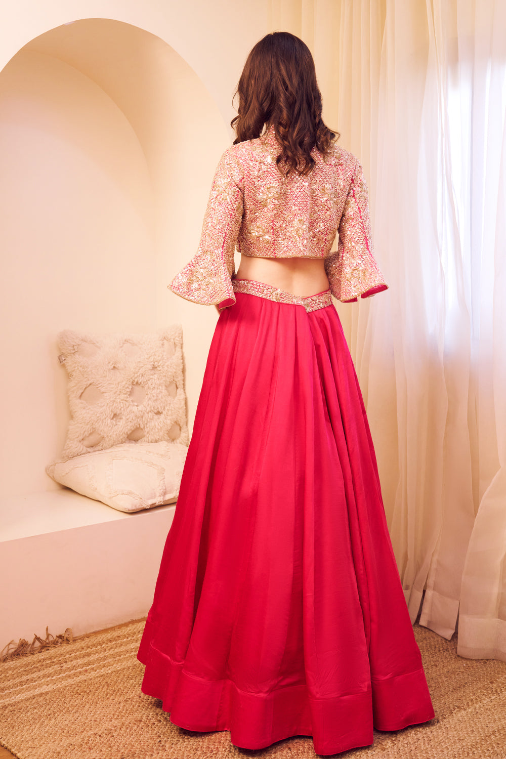 Masakali Pink Satin Silk Lining Shantoon Bloom Blouse With Lehenga
