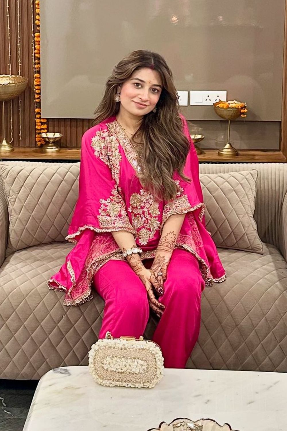 Ritika Bhandari in Seher Hot Pink Satin Silk Lining Shantoon Gullistta Bloom Kaftan With Pant