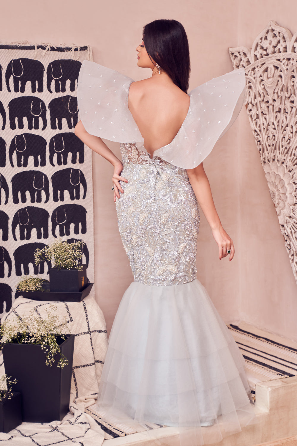 Fae Blue Net Hand Embellished Pearls V-Neck Mermaid Gown