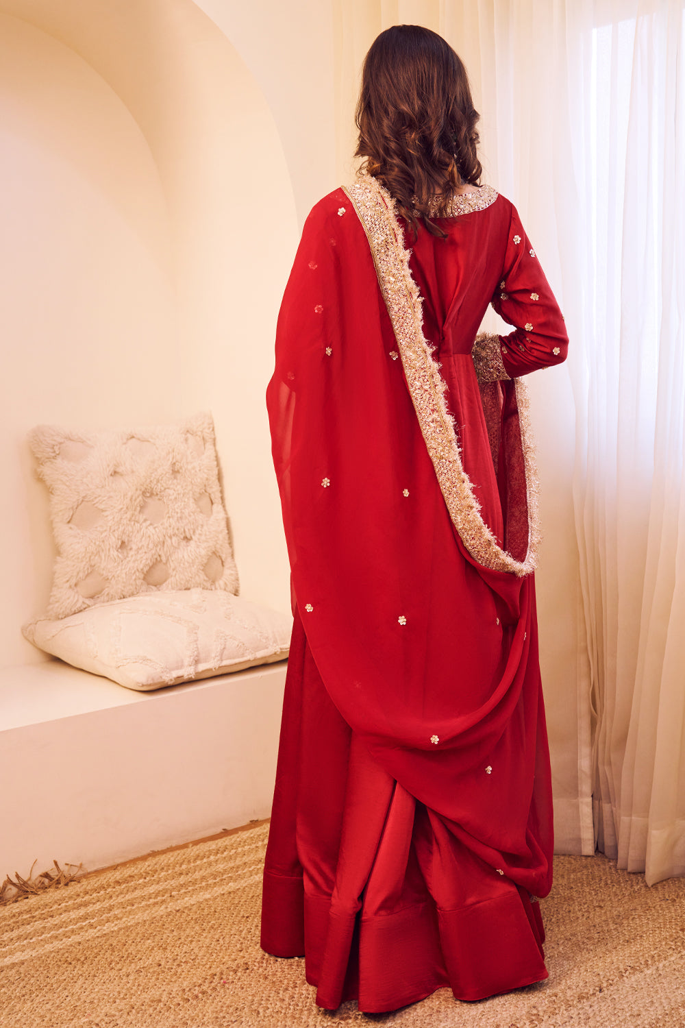 Meherbaan Maroon Satin Silk Lining Shantoon Ditsy Bloom Anarkali Set