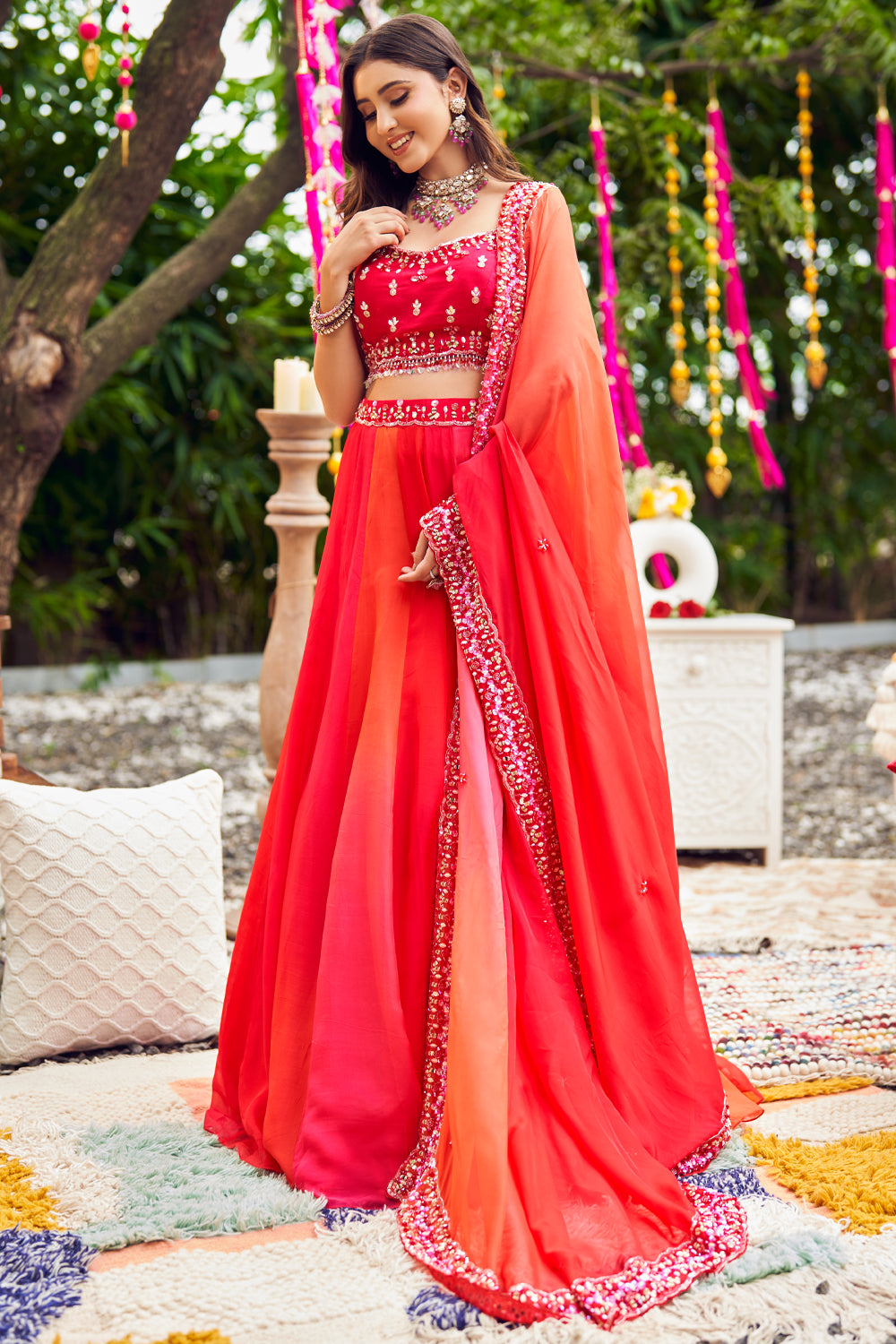 Rosewood Ombre Red Viscose Organza Embroidery Crystals Sweetheart Lehenga Set
