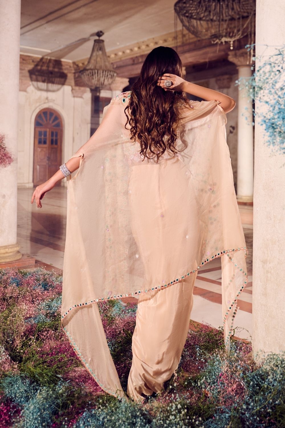 Sahiba Cream Mirrorwork Drape Skirt with Bustier and Cape