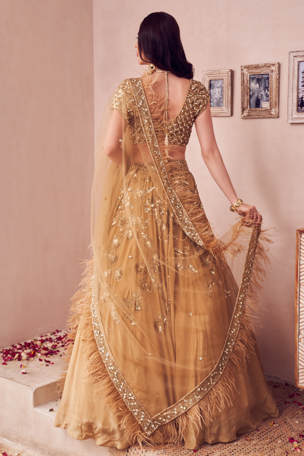 Gold Rust Net Embroidery Sequin Sweetheart Neck Bloomy Ambrosia Bridal Lehenga Set