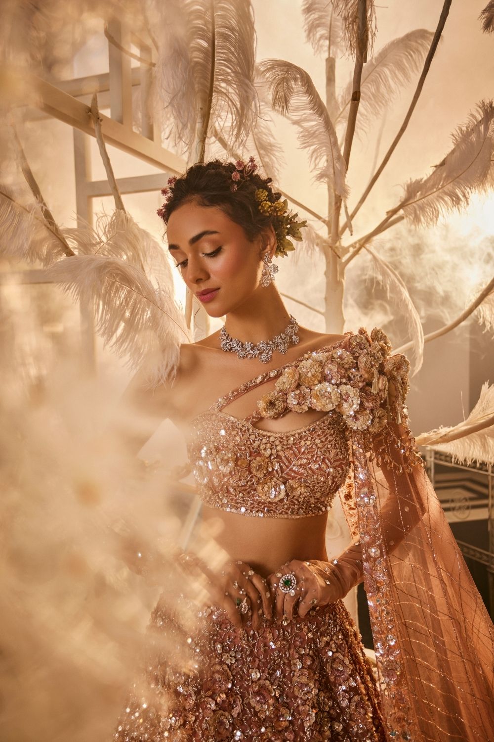Iris Rose Gold Embellished Net Lehenga and Asymmetrical Blouse with Trail