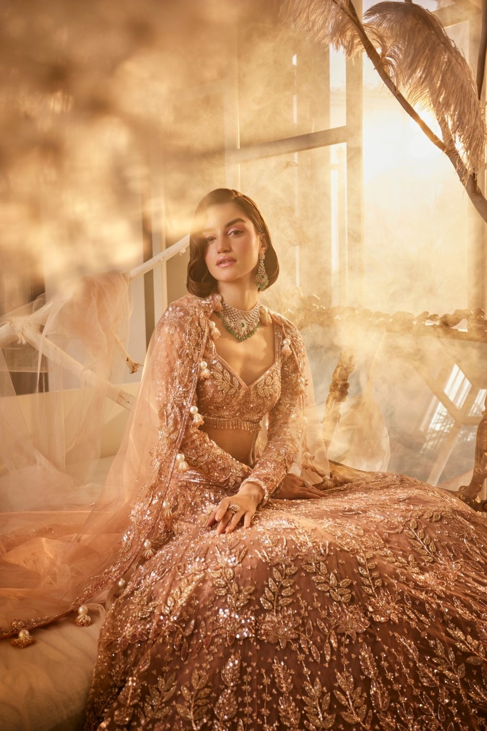 Diana Rose Gold Embellished Net Lehenga and Blouse with Dupatta