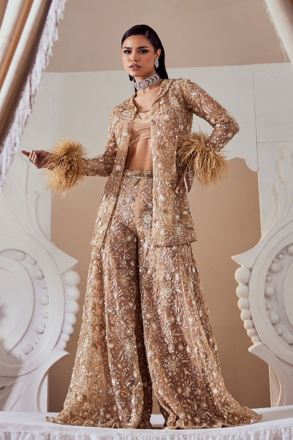 Violetta Golden Hand Embellished Net Co-ord Set