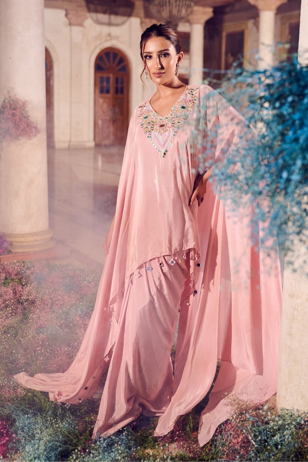 Ruhani Rose Gold Mirrorwork Draped Skirt with Kaftan