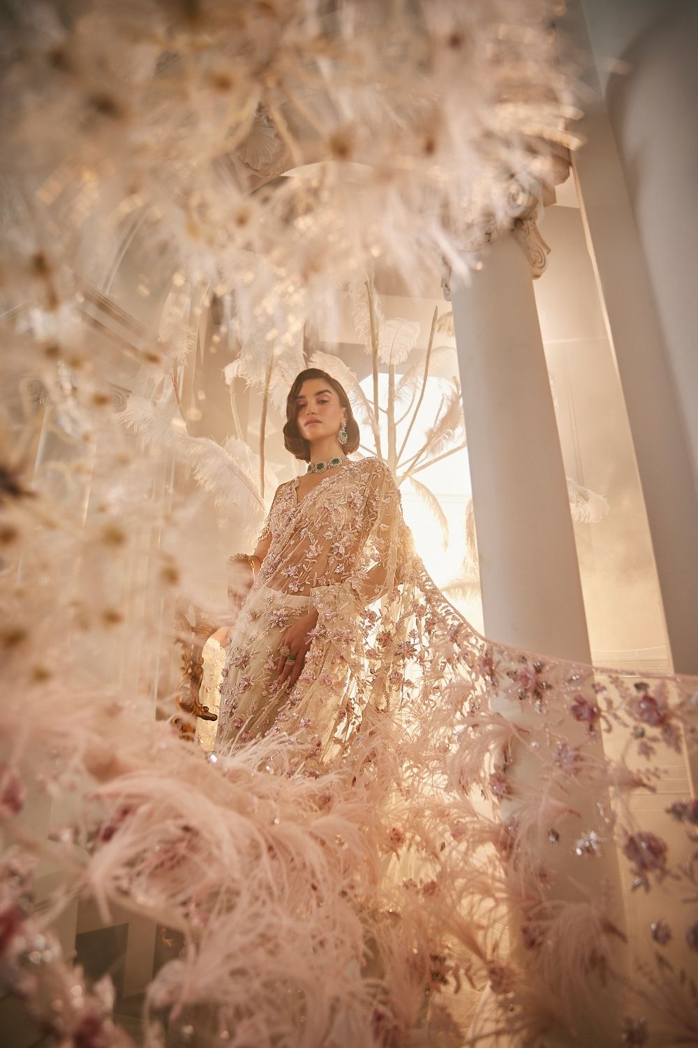 Fortuna Baby Pink Embellished Net Saree and Blouse