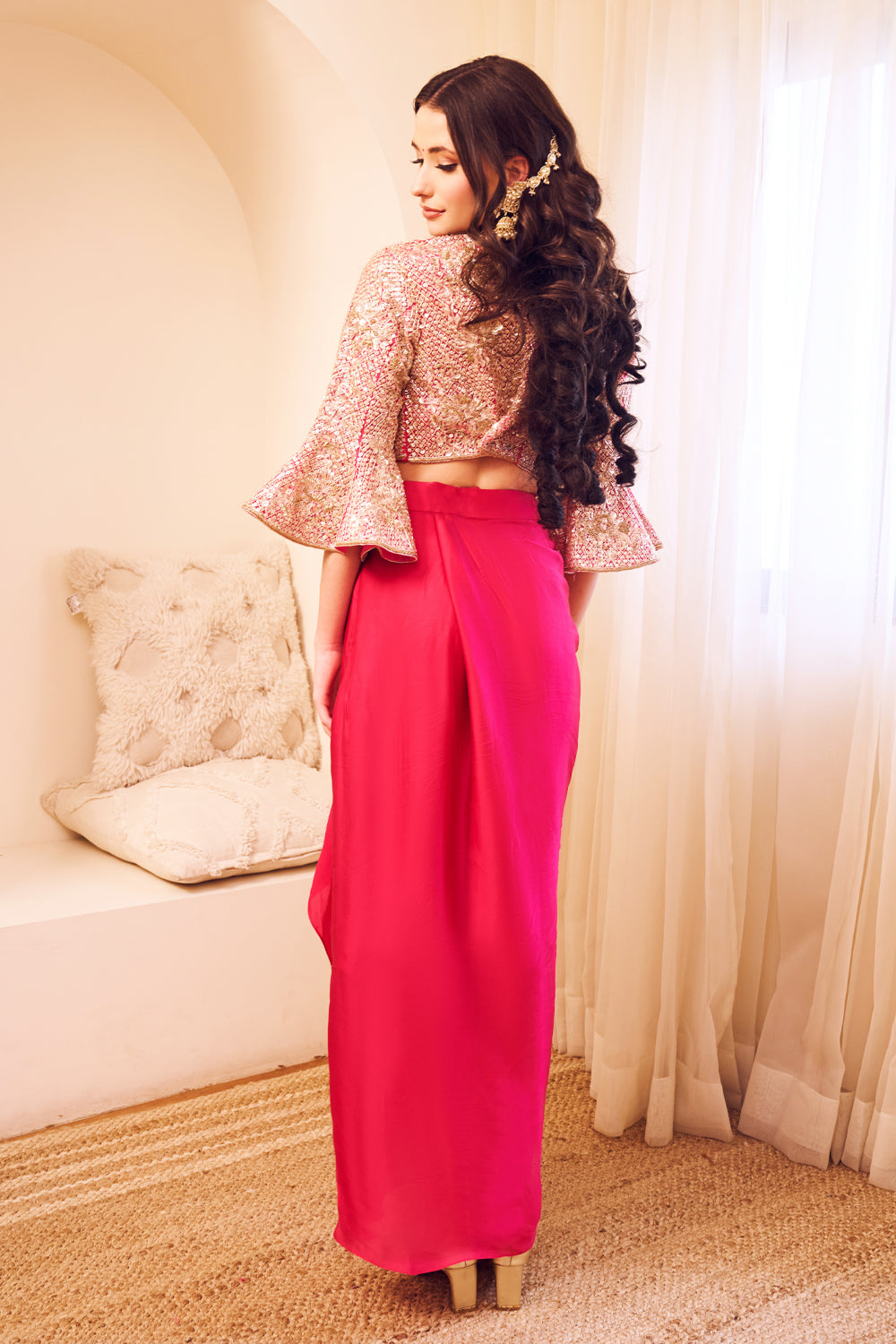 Masakali Hot Pink Satin Silk Lining Shantoon Bloom Blouse With Draped Skirt