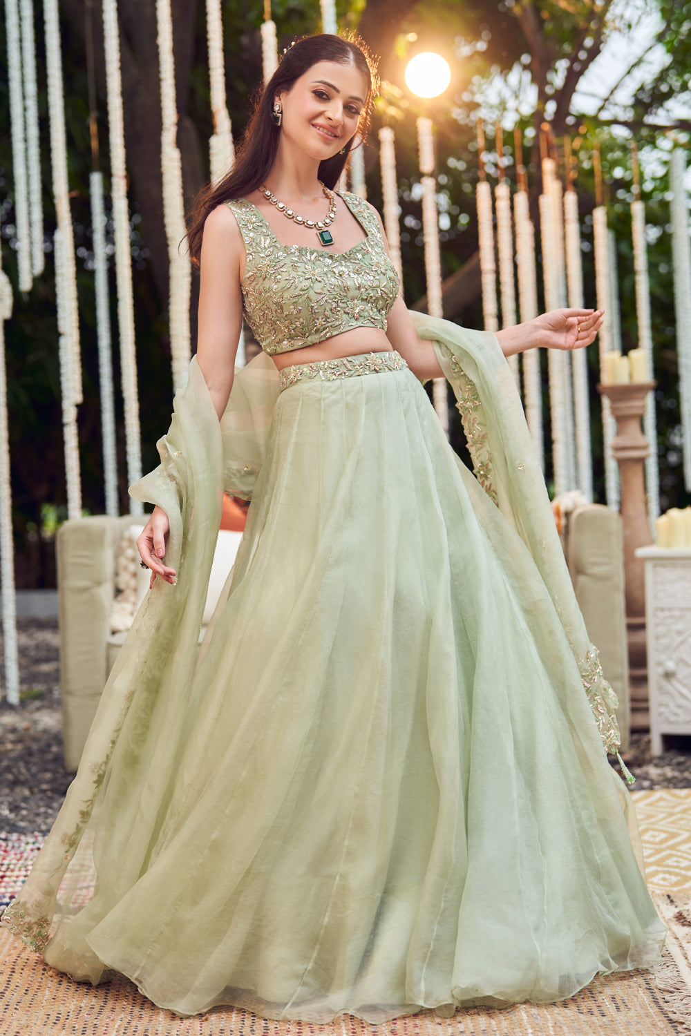 Lush Green Organza Lining Shantoon Flora Bloom Waistband Lehenga Set