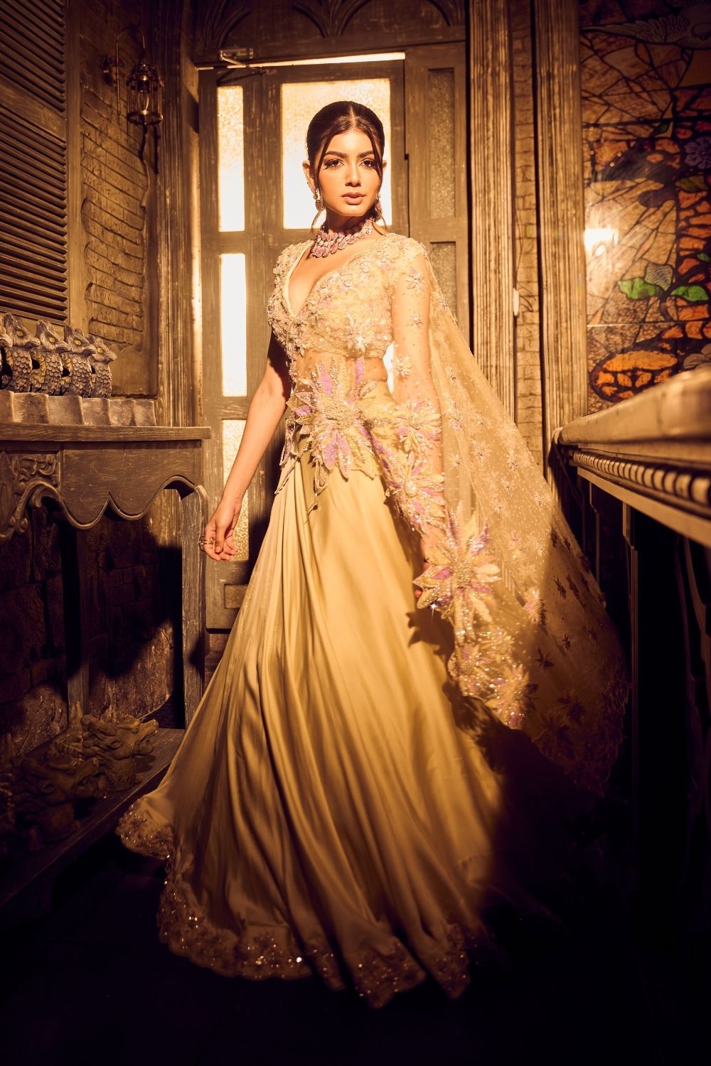 Lyra Green Ivory Ombre Embellished V-neck Satin Organza Net Lehenga with Dupatta L Lyra Green Ivory Ombre Embellished V-neck Satin Organza Net Lehenga with Dupatta L