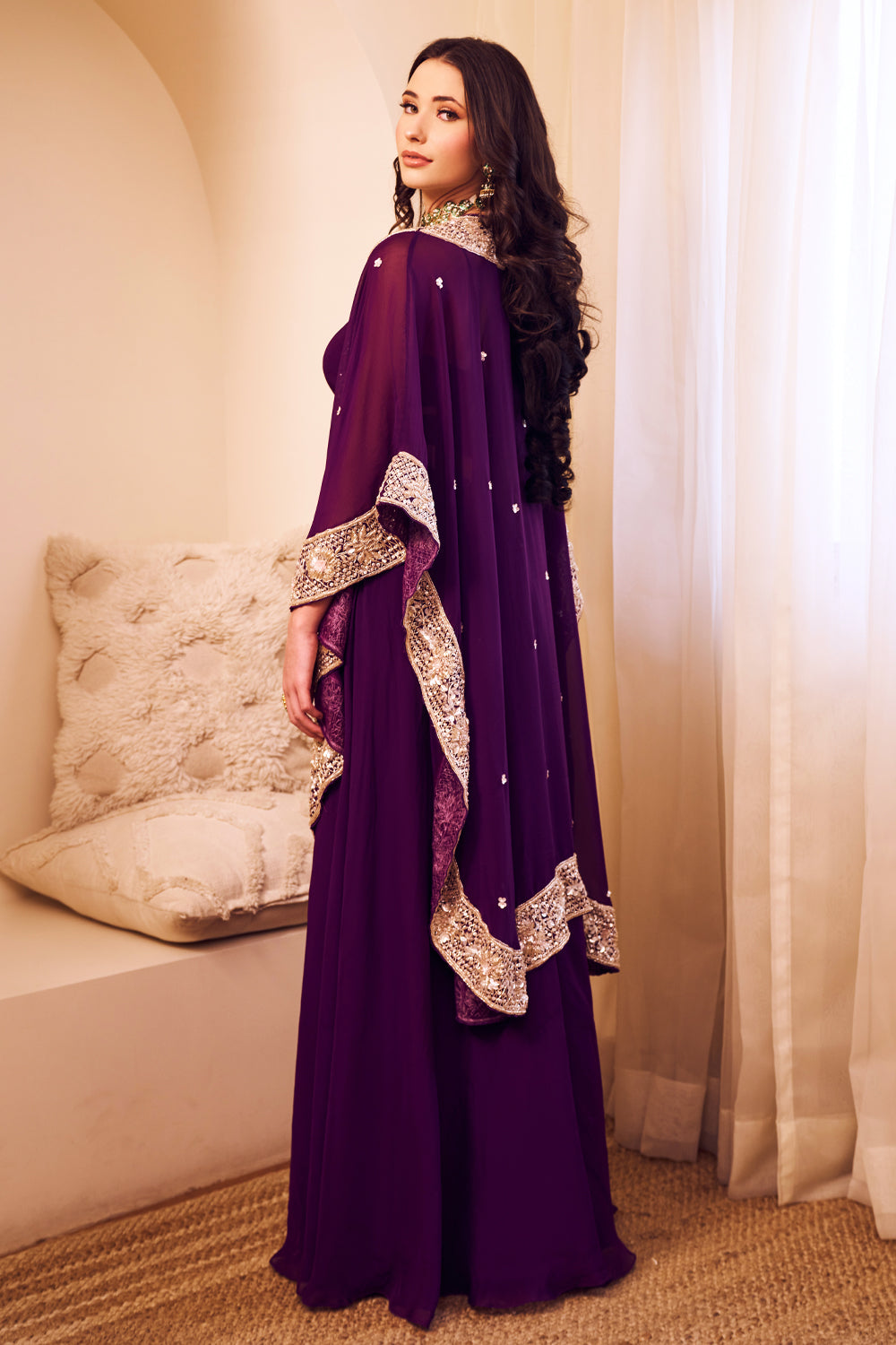 Mast Magan Purple Organza Lining Shantoon Embroidery Noor Bahar Cape Set